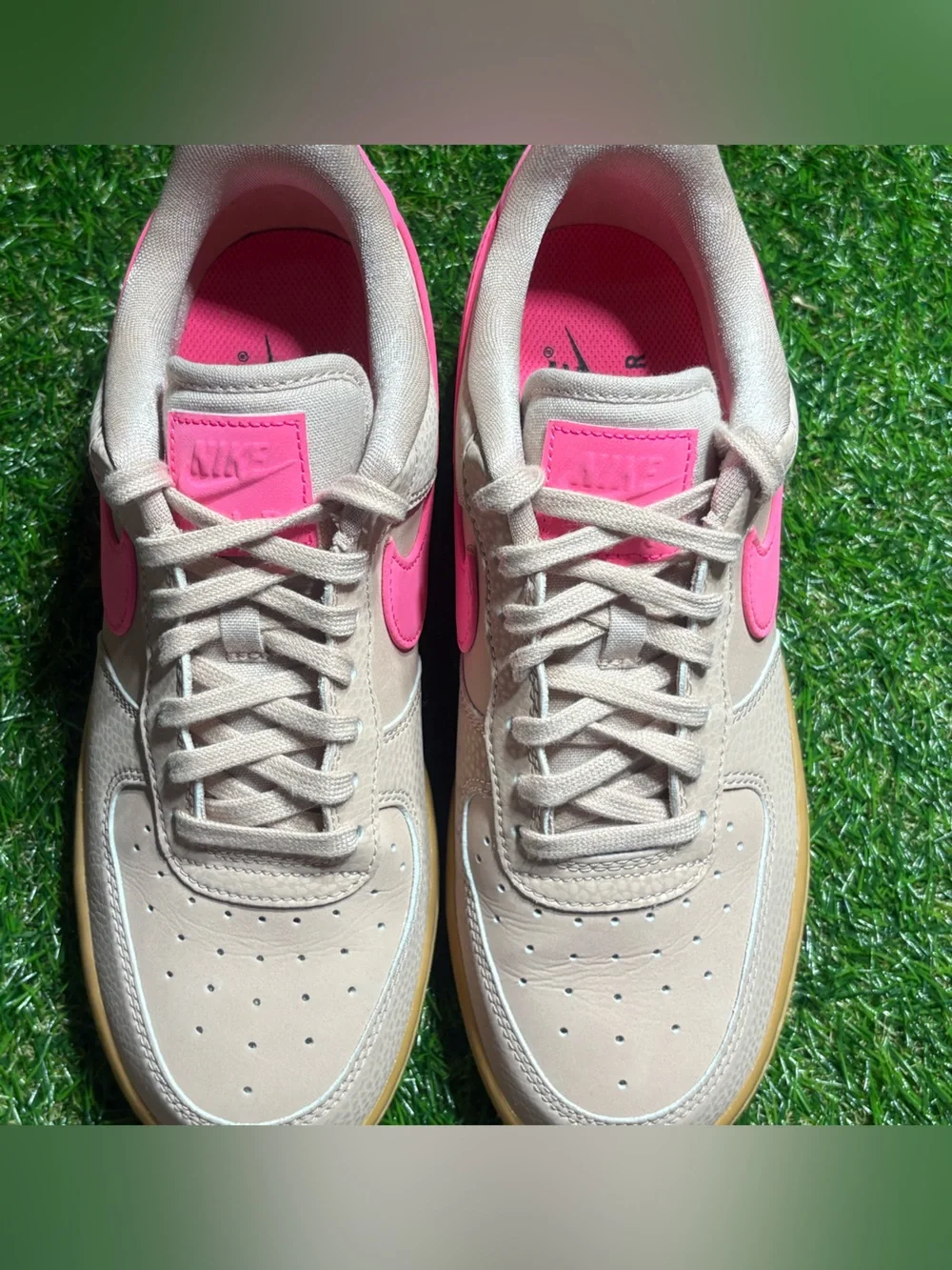 Nike Women's grayishTan Sneakers with Pink Swoosh women’s 8.5